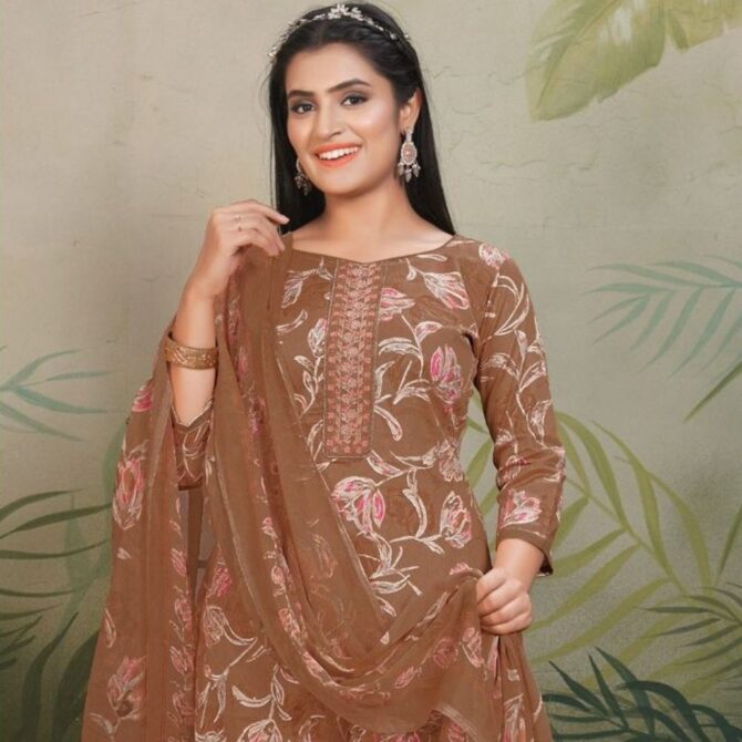 Elegant Brown Floral Jaam Satin Suit with Embroidered Neck & Digital Print Dupatta