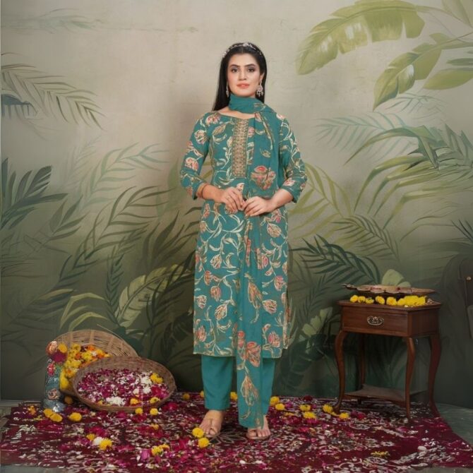 Teal Blue Jaam Satin Embroidered Suit with Digital Floral Print Dupatta - Image 2