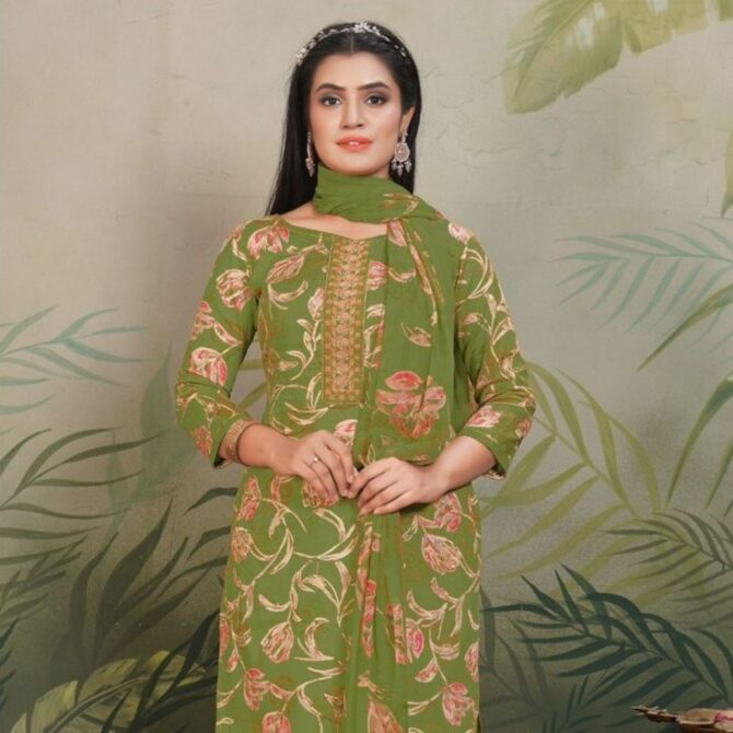 Olive Green Jaam Satin Suit Set with Floral Foil Print and Embroidered Neckline