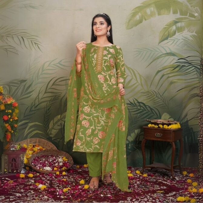 Olive Green Jaam Satin Suit Set with Floral Foil Print and Embroidered Neckline - Image 2