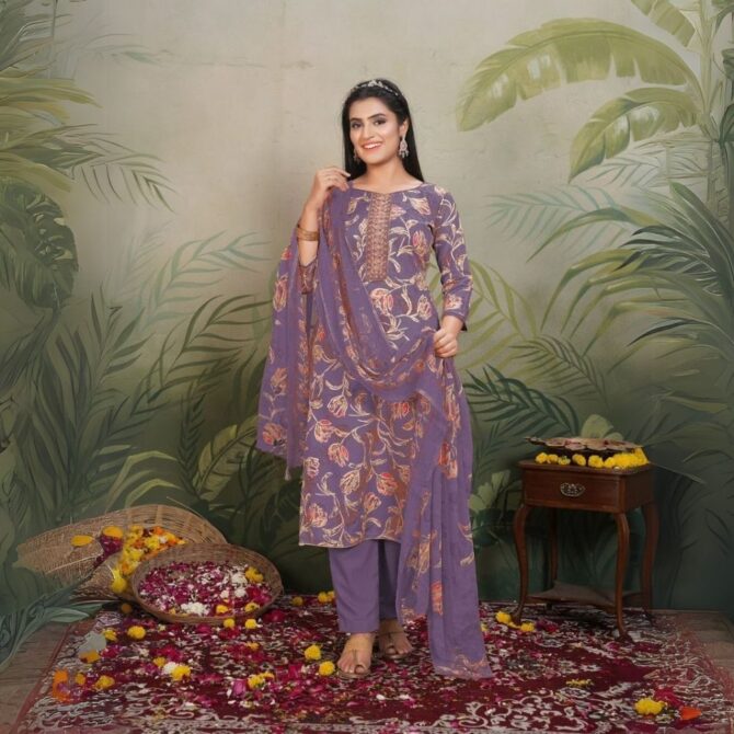Lavender Jaam Satin Suit Set with Floral Foil Print and Embroidered Neck Design - Image 2