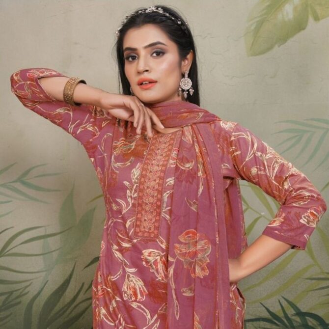 Mauve Rose Jaam Satin Floral Suit Set with Embroidered Neck Design