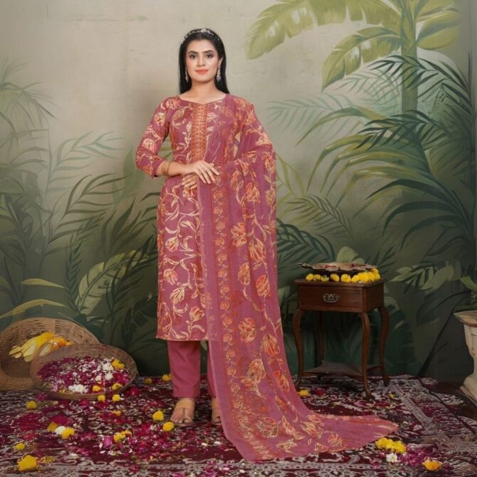Mauve Rose Jaam Satin Floral Suit Set with Embroidered Neck Design - Image 2