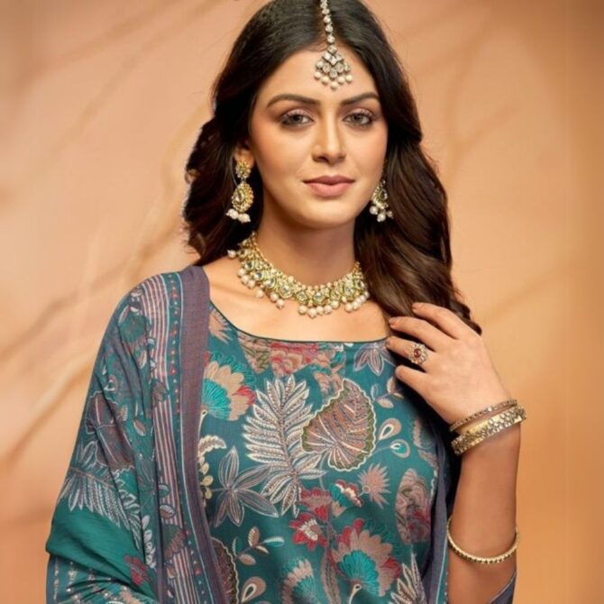Teal Pure Jaam Satin Digital Printed Suit with Swarovski Work
