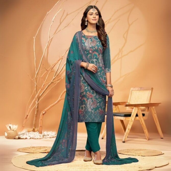 Teal Pure Jaam Satin Digital Printed Suit with Swarovski Work - Image 2