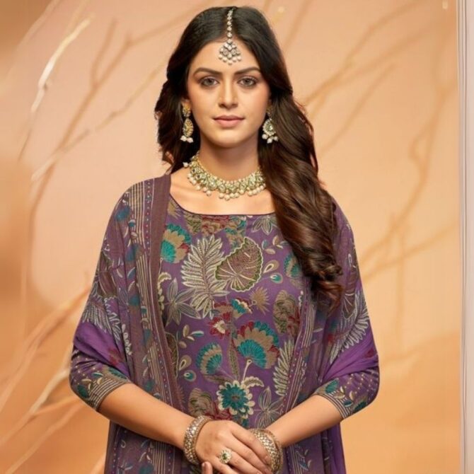 Purple Pure Jaam Satin Floral Digital Printed Suit with Swarovski Detailing