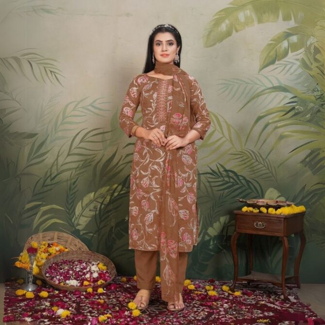 Elegant Brown Floral Jaam Satin Suit with Embroidered Neck & Digital Print Dupatta - Image 2