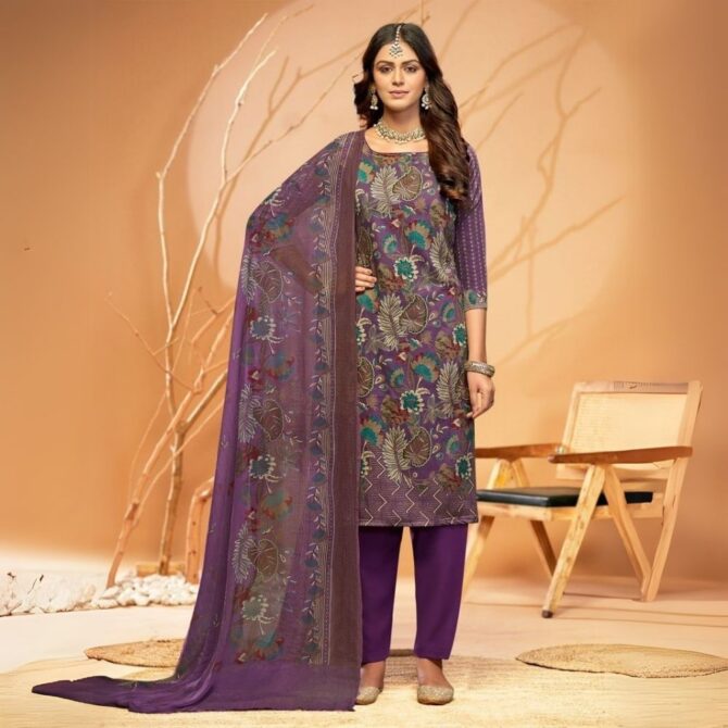 Purple Pure Jaam Satin Floral Digital Printed Suit with Swarovski Detailing - Image 2