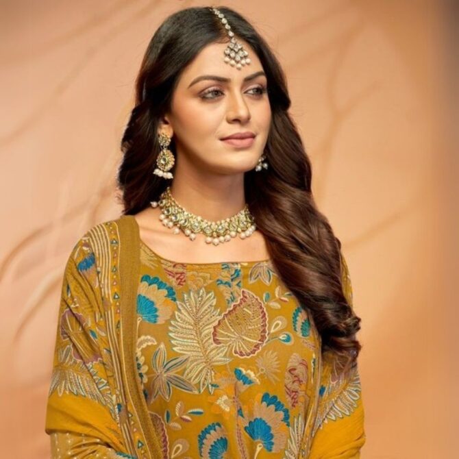 Mustard Yellow Pure Jaam Satin Digital Printed Suit with Swarovski Embellishments