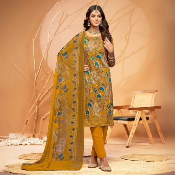 Mustard Yellow Pure Jaam Satin Digital Printed Suit with Swarovski Embellishments - Image 2