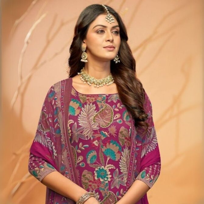 Magenta Wine Pure Jaam Satin Floral Digital Printed Suit with Swarovski Detailing