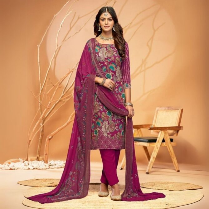 Magenta Wine Pure Jaam Satin Floral Digital Printed Suit with Swarovski Detailing - Image 2