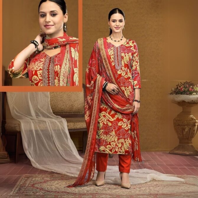 Red Pure Jaam Floral Print Embroidered Suit with Dupatta