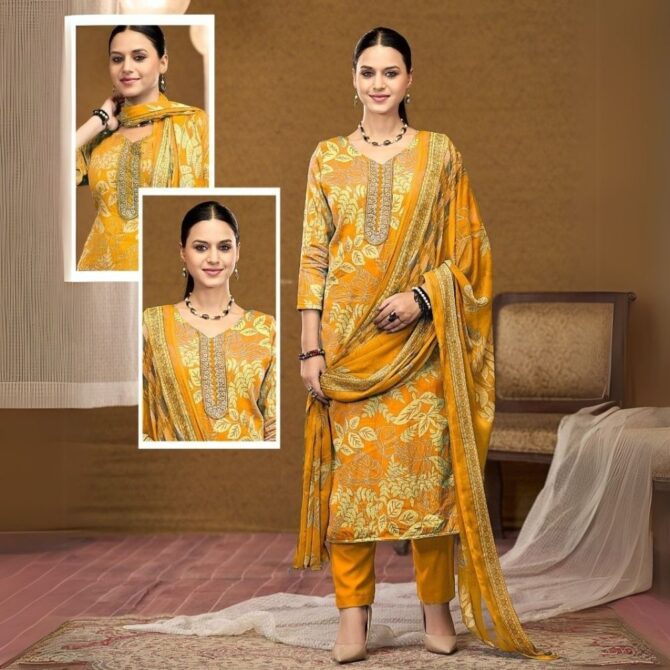 Yellow Jaam Flower Print Kurta Set with Embroidered Neck and Floral Dupatta
