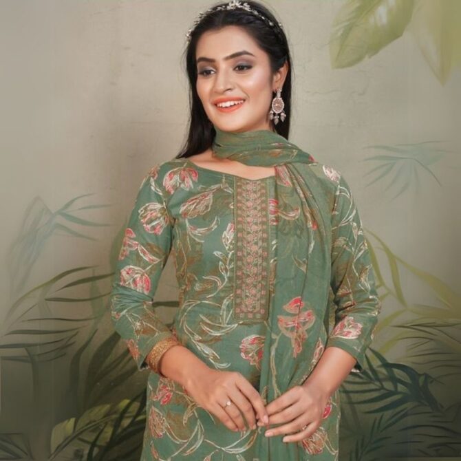 Graceful Green Jaam Satin Floral Suit with Embroidered Neck & Digital Print Dupatta