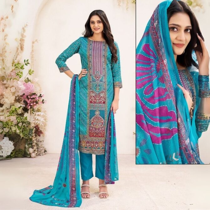 Turquoise Blue Pure Jaam Suit with Digital Foil Print & Mirror Work