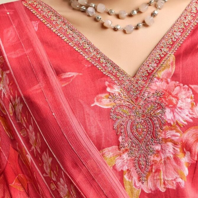 Rose Pink Floral Jam Satin Suit with Embroidered Neckline & Dupatta - Image 3