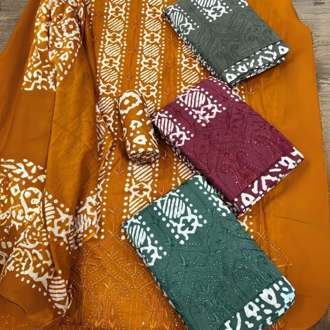 Embroidered Jam Satin Suit with Foil Print & Bemberg Dupatta