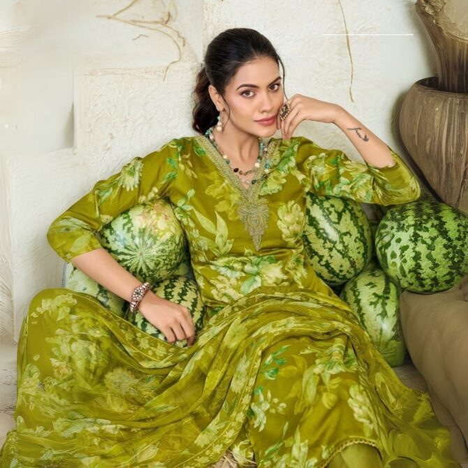 Olive Green Floral Jam Satin Suit with Embroidered Neckline & Dupatta (Unstitched) - Image 2