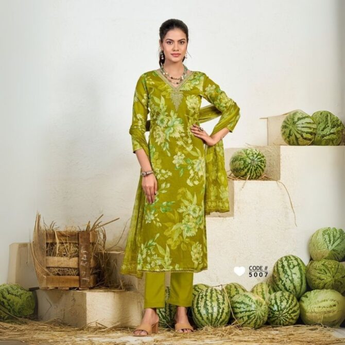 Olive Green Floral Jam Satin Suit with Embroidered Neckline & Dupatta (Unstitched)
