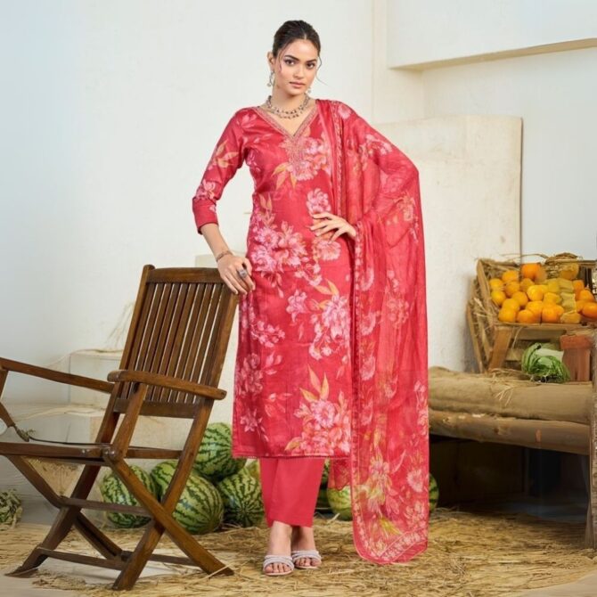Rose Pink Floral Jam Satin Suit with Embroidered Neckline & Dupatta