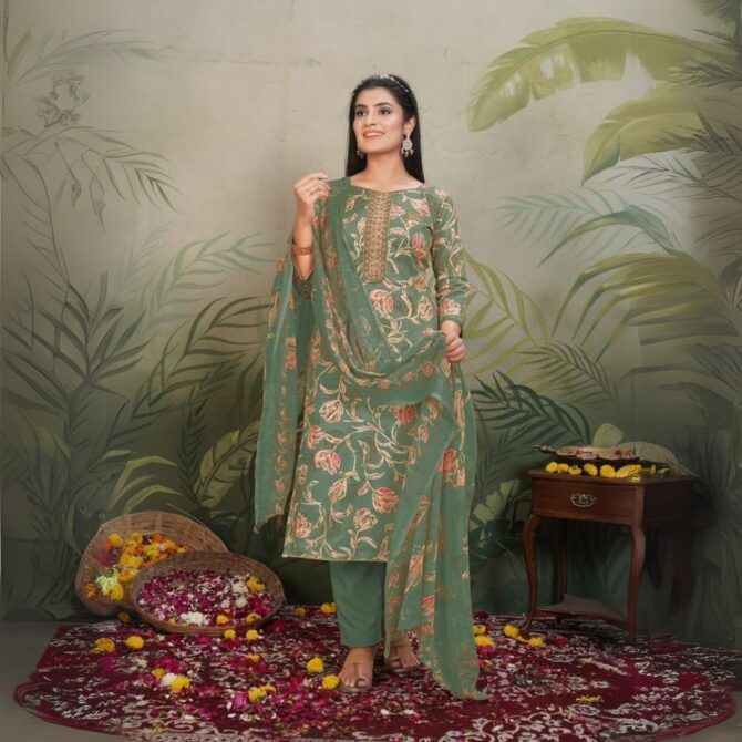 Graceful Green Jaam Satin Floral Suit with Embroidered Neck & Digital Print Dupatta - Image 2