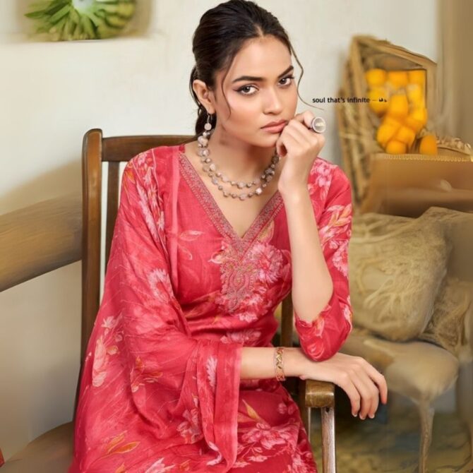 Rose Pink Floral Jam Satin Suit with Embroidered Neckline & Dupatta - Image 2