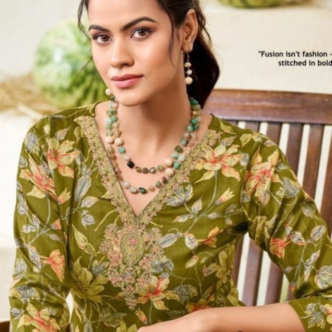 Olive Green Floral Jam Satin Suit with Embroidered Neckline & Dupatta - Image 2