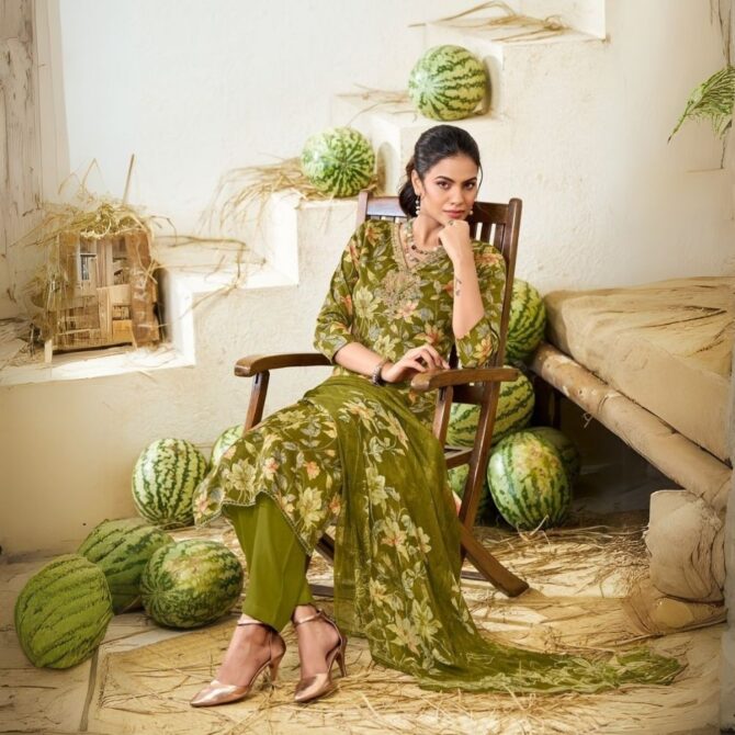Olive Green Floral Jam Satin Suit with Embroidered Neckline & Dupatta - Image 3