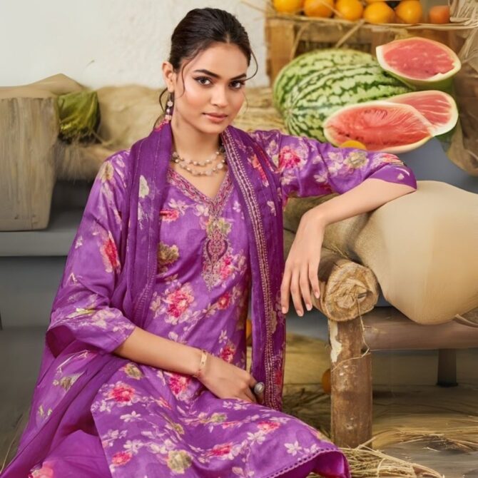Purple Floral Jam Satin Suit with Embroidered Neckline & Dupatta - Image 2