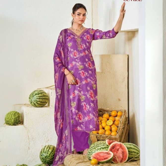 Purple Floral Jam Satin Suit with Embroidered Neckline & Dupatta
