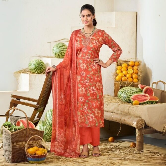 Rust Orange Floral Jam Satin Suit with Embroidered Neckline & Dupatta