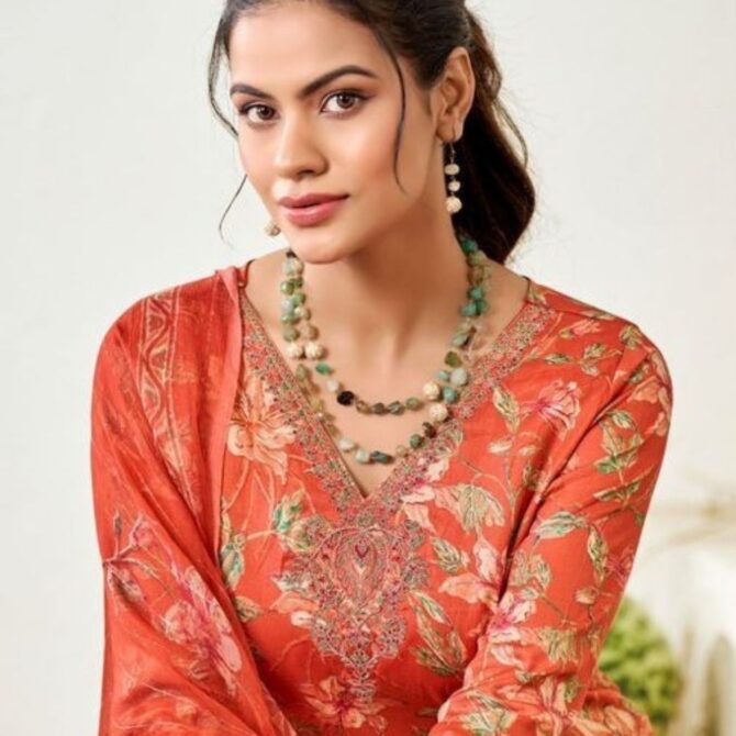 Rust Orange Floral Jam Satin Suit with Embroidered Neckline & Dupatta - Image 2