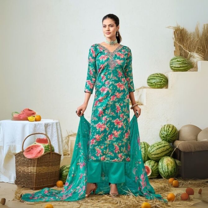 Teal Green Floral Jam Satin Suit with Embroidered Neckline & Dupatta