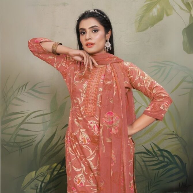 Charming Rust Orange Jaam Satin Suit with Embroidered Neck & Floral Digital Dupatta