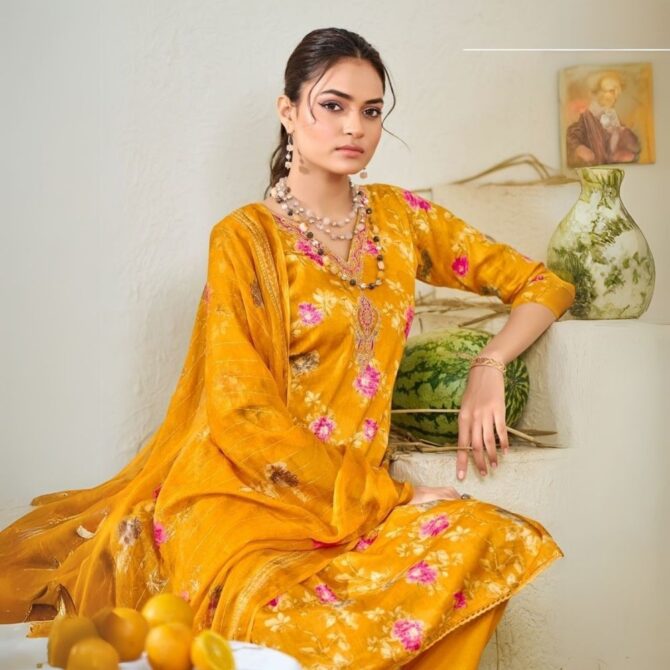 Mustard Yellow Floral Jam Satin Suit with Embroidered Neckline & Dupatta - Image 2