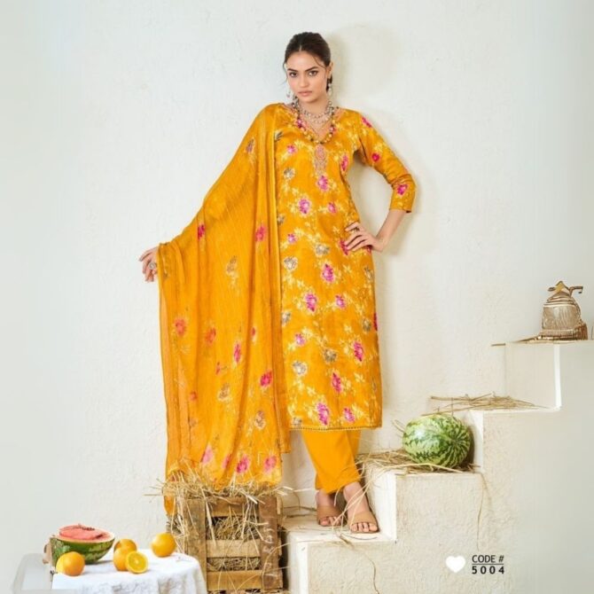 Mustard Yellow Floral Jam Satin Suit with Embroidered Neckline & Dupatta