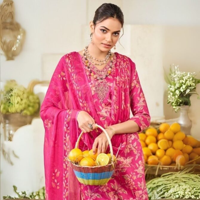 Bright Pink Floral Jam Satin Suit with Embroidered Neckline & Dupatta - Image 2