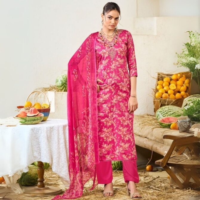 Bright Pink Floral Jam Satin Suit with Embroidered Neckline & Dupatta