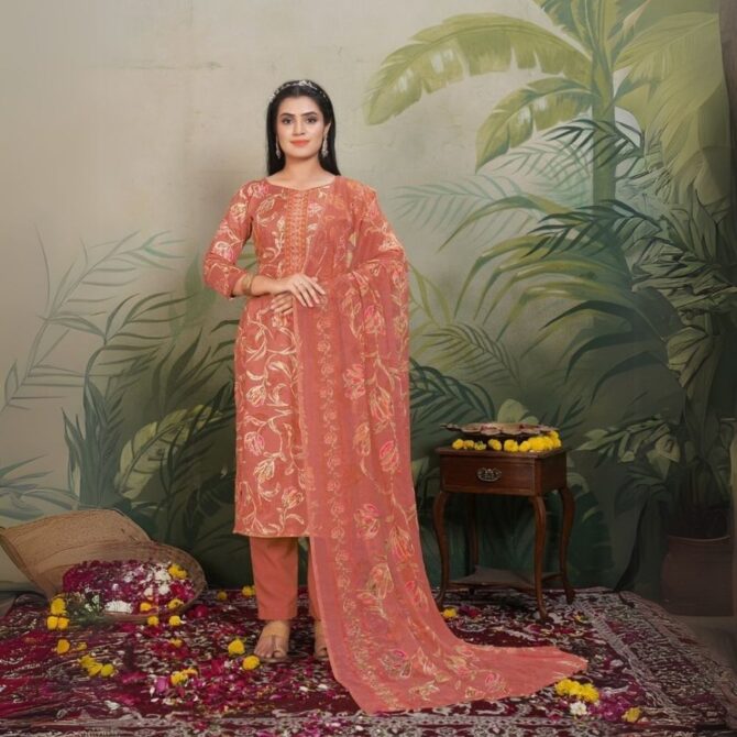 Charming Rust Orange Jaam Satin Suit with Embroidered Neck & Floral Digital Dupatta - Image 2