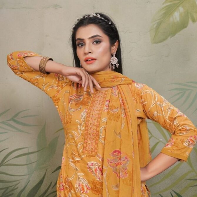 Radiant Mustard Yellow Jaam Satin Suit with Embroidered Neck & Floral Digital Print Dupatta