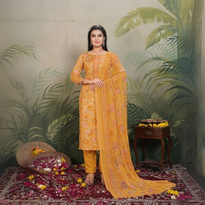 Radiant Mustard Yellow Jaam Satin Suit with Embroidered Neck & Floral Digital Print Dupatta - Image 2