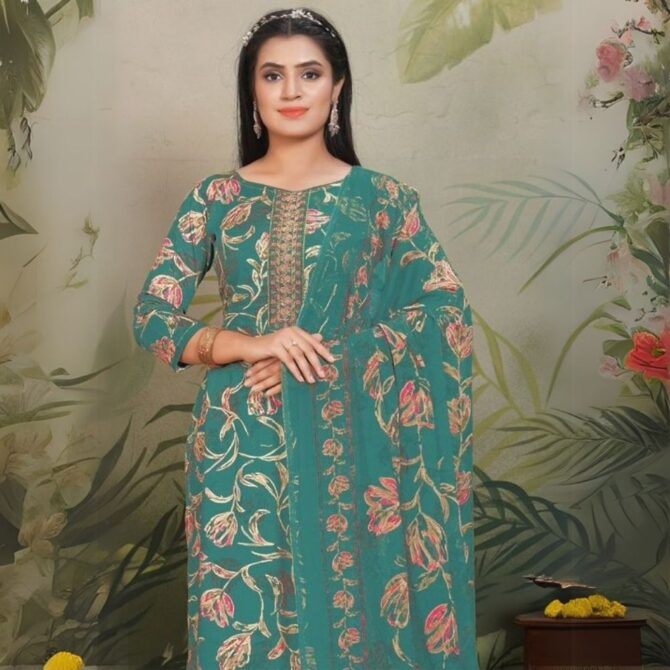 Teal Blue Jaam Satin Embroidered Suit with Digital Floral Print Dupatta